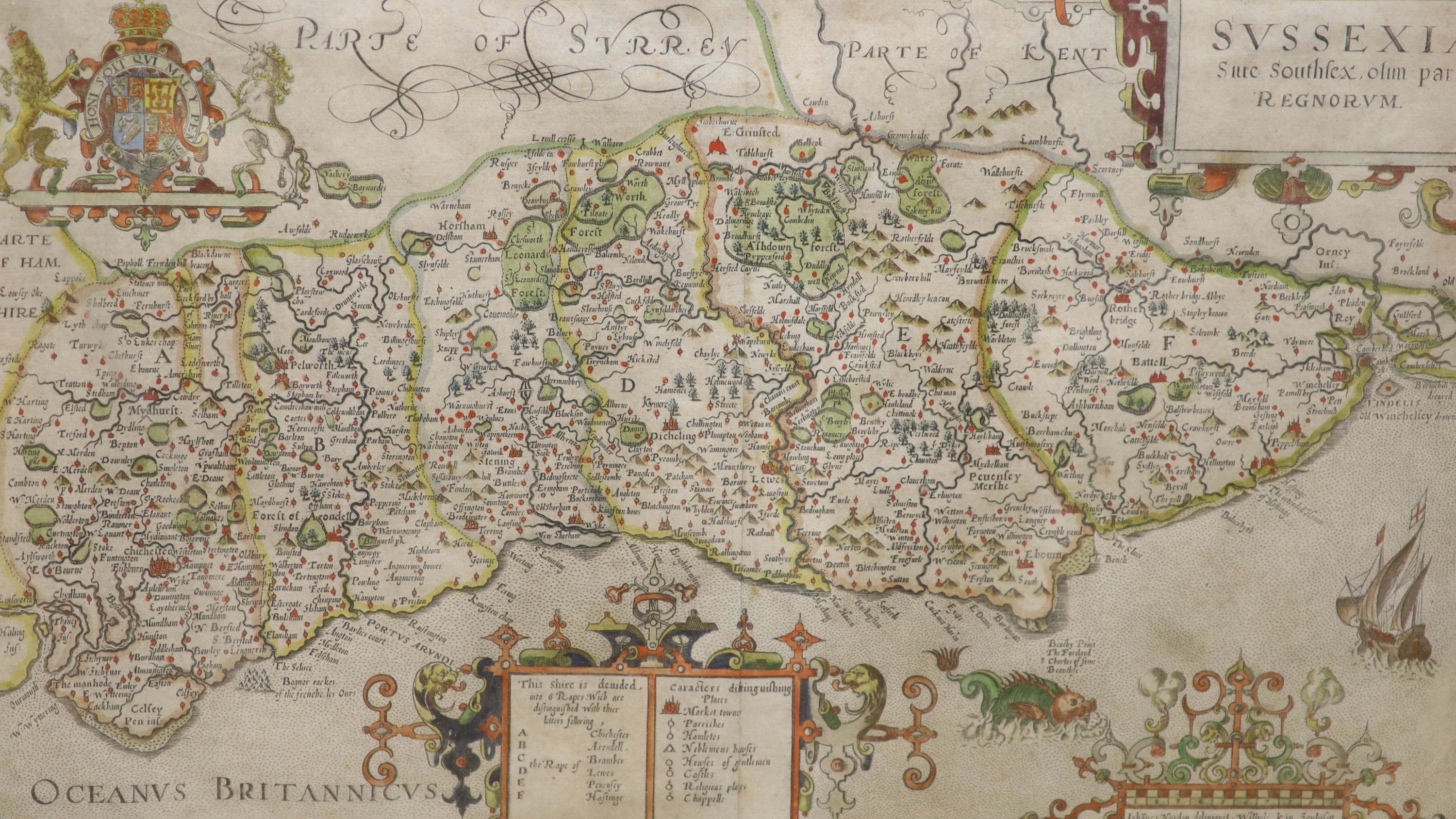 William Kip after Johannes Norden, Map of 'Sussexia', 23 x 40cm